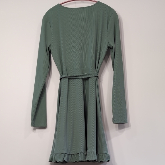 SO | Minimalist Teal Ribbed Long Sleeve Mini A-line Ruffle Dress Size L - Picture 2 of 8